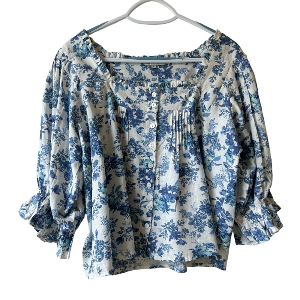 Cupcakes and Cashmere Blue Floral Square Neck Balloon Sleeve Top Size S Linen
